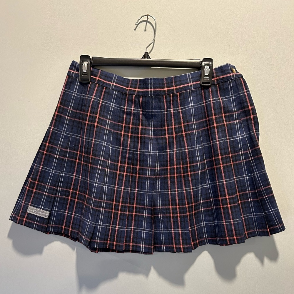 Simply Southern Navy Plaid Pleated Mini Skirt Size L NWT